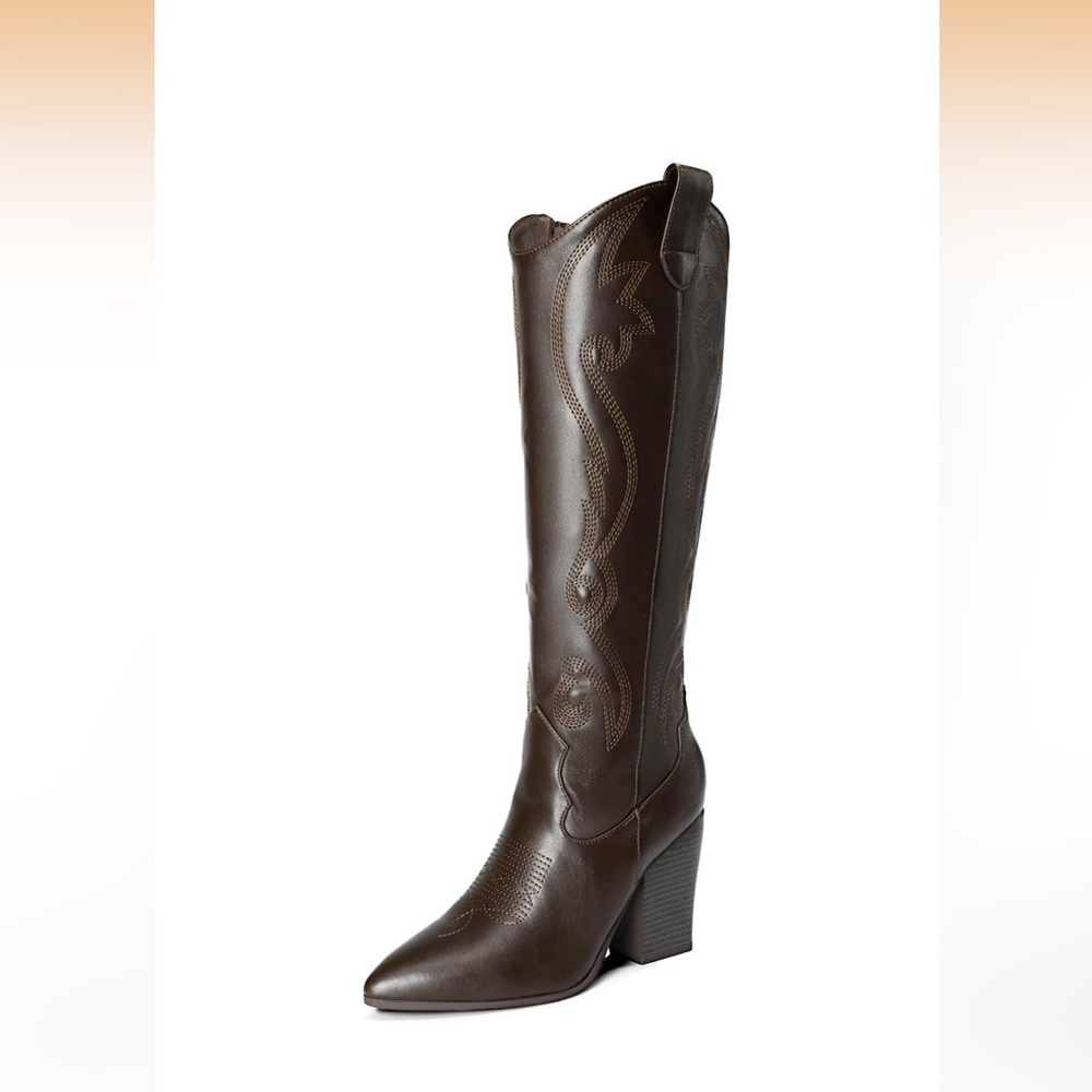 Brown Western-Style Knee-High Boots